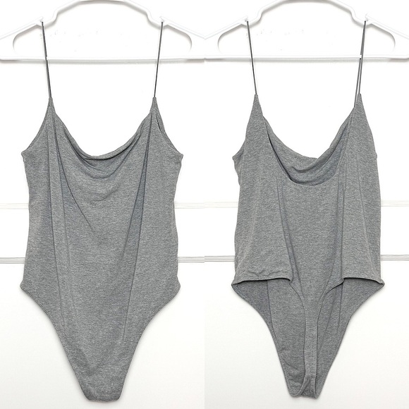 ARITZIA WILFRED 90s Heather Grey Square Neck Sleeveless Cami Thong Bodysuit L - Picture 1 of 3
